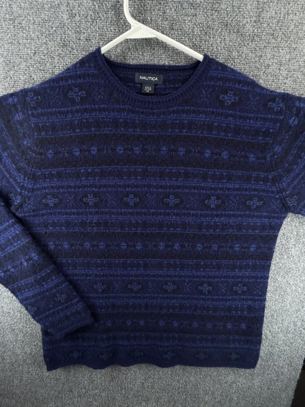 Nautica All Wool Dark Blue Fair Isle Pullover Crew Neck Medium Sweater Knit